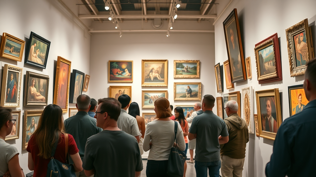 vibrant art gallery people admiring artwork