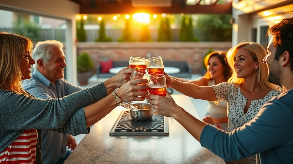 finished outdoor kitchen with family gathering and toasting drinks