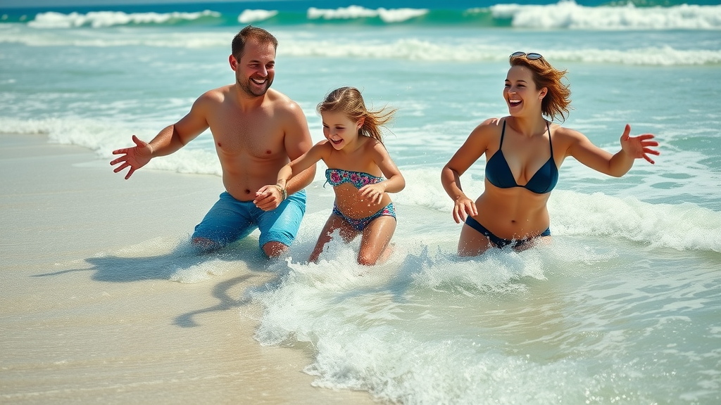 family having fun with watersports at the beach