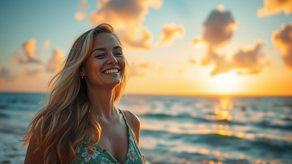 tranquil Key West landscape, serene expression, enjoying a peaceful moment, High Fantasy, picturesque sunset over the ocean, highly detailed, golden sunlight, pastel hues, gentle lighting, shot with a prime lens.