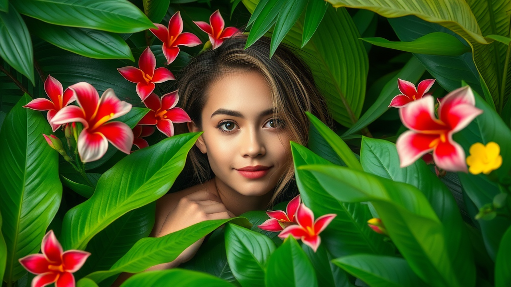 Lush tropical garden with vivid plants and vibrant flowers, surrounded by greenery and swaying leaves.