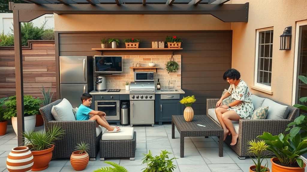 Compact Outdoor Kitchen with Multi-Functional Furniture and Potted Plants