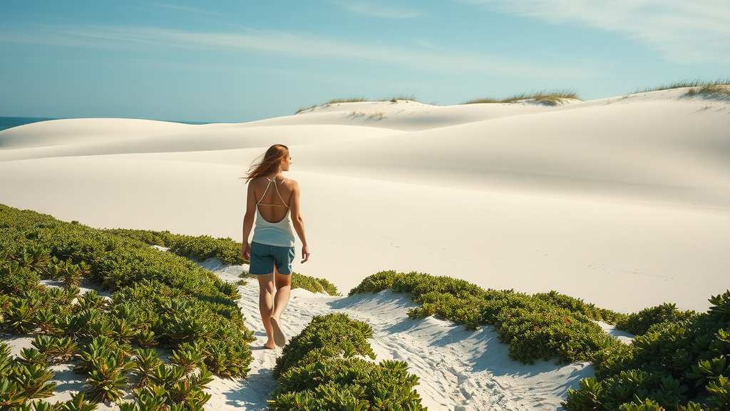 Serene Honeymoon Island with a couple exploring beach trails and natural dunes.