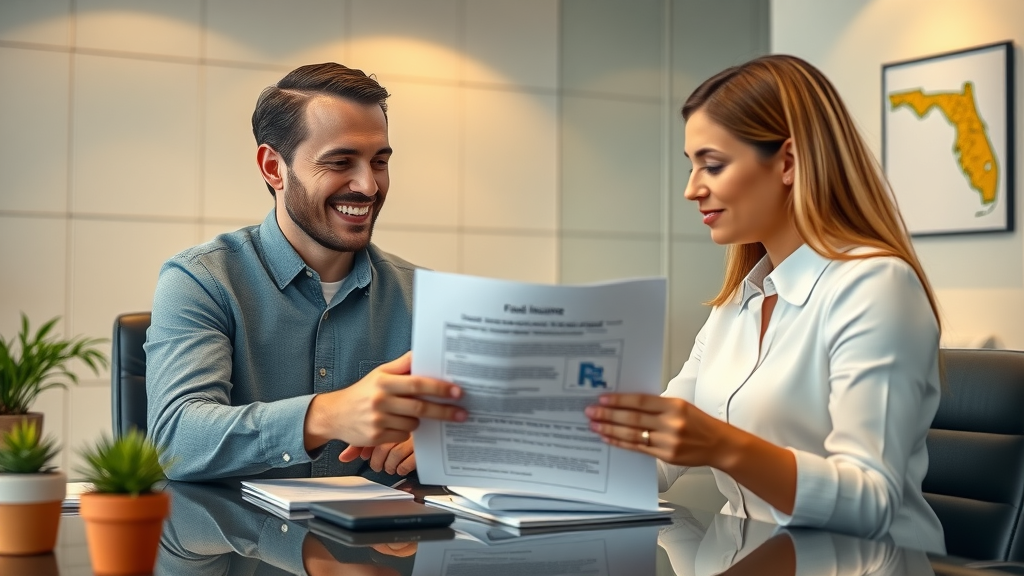 professional mortgage lender showing Florida homebuyer where flood insurance is required on paperwork, office with Florida map on wall