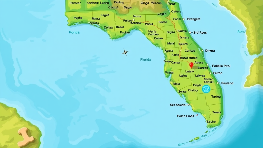 colorful map of Florida with counties such as Alachua, Marion, and Leon highlighted in green, city names shown by icons