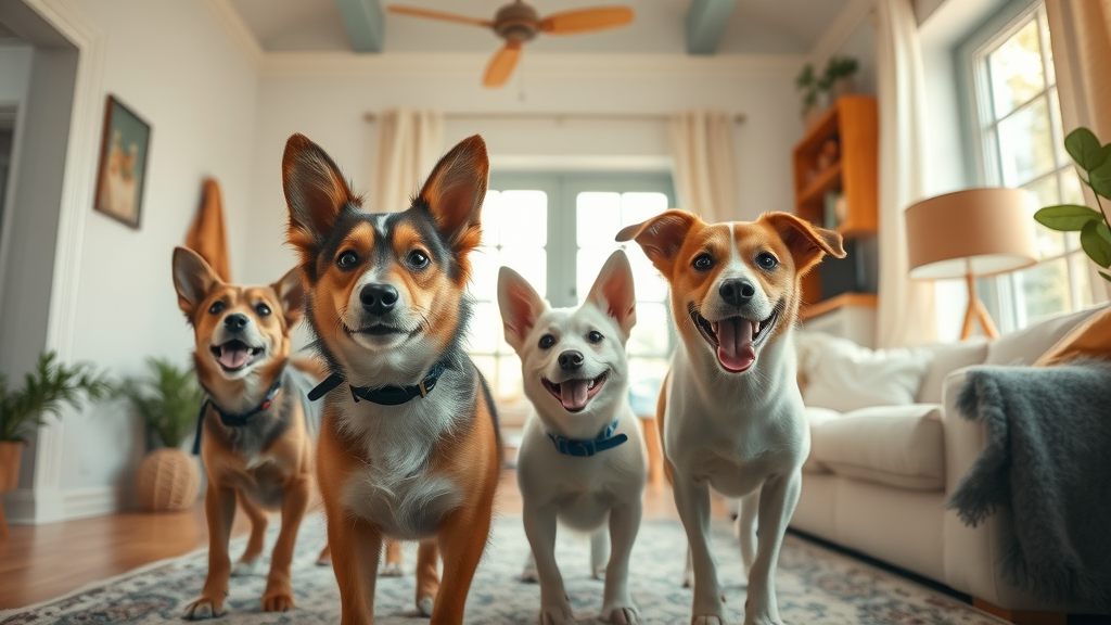 pets exploring a new house, curious expressions, Cinematic style, in a bright, welcoming living space, highly detailed
