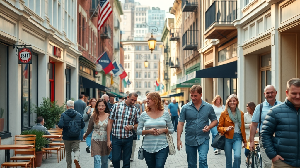 Bustling downtown street, friendly atmosphere, in Ocala, with families strolling by