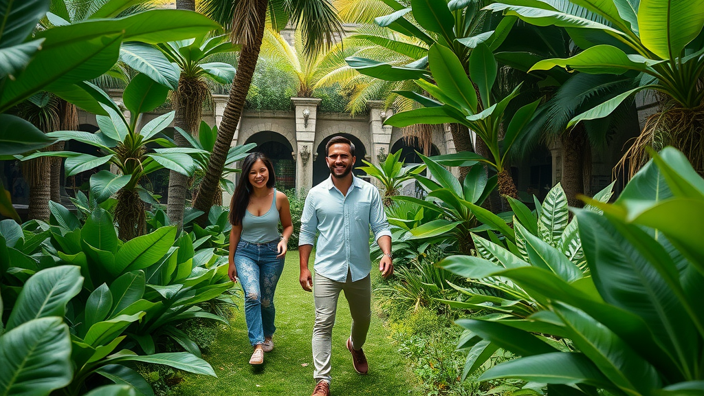 people walking through lush tropical oasis in Sunken Gardens, joyful, enjoying nature