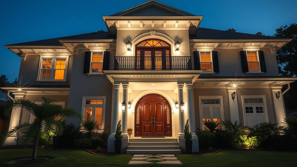 Elegant home facade with striking architectural lighting highlighting design features.