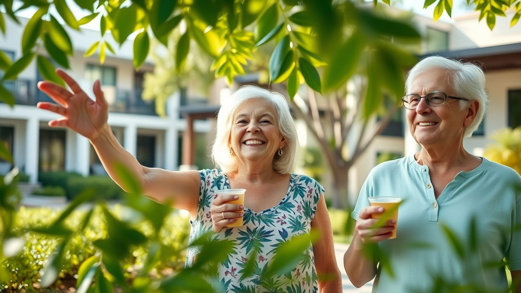 upscale Naples retirement community, joyful, enjoying leisure, surrounded by lush greenery and modern architecture, highly detailed, movement of tree leaves, pastel colors, soft afternoon light, shot with a macro lens.