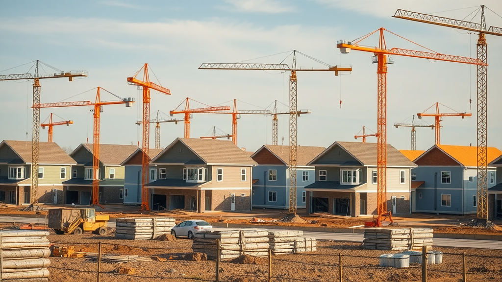 Construction site of new homes in Brandon, progressive development, Photorealistic High Fidelity Lifelike, backdrop of cranes