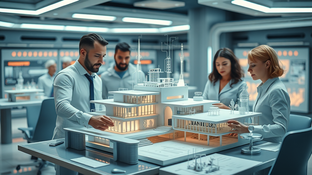 Architectural model, collaborative team, planning designs, ultramodern studio with holographic displays, Port Charlotte.