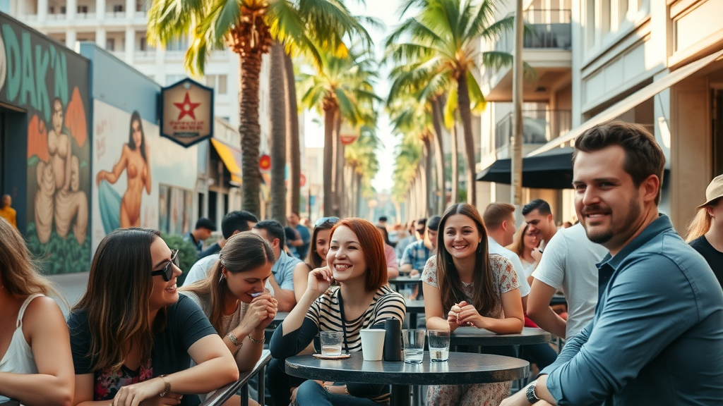 Lively Downtown Orlando scene with people enjoying street art and cafes