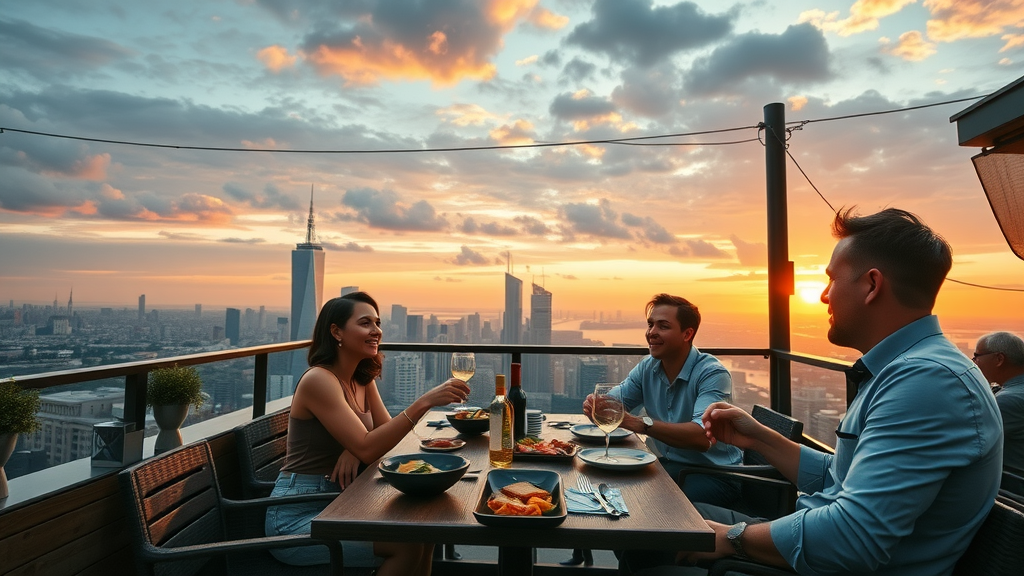 picturesque rooftop restaurant with a stunning sunset view, skyline in the background
