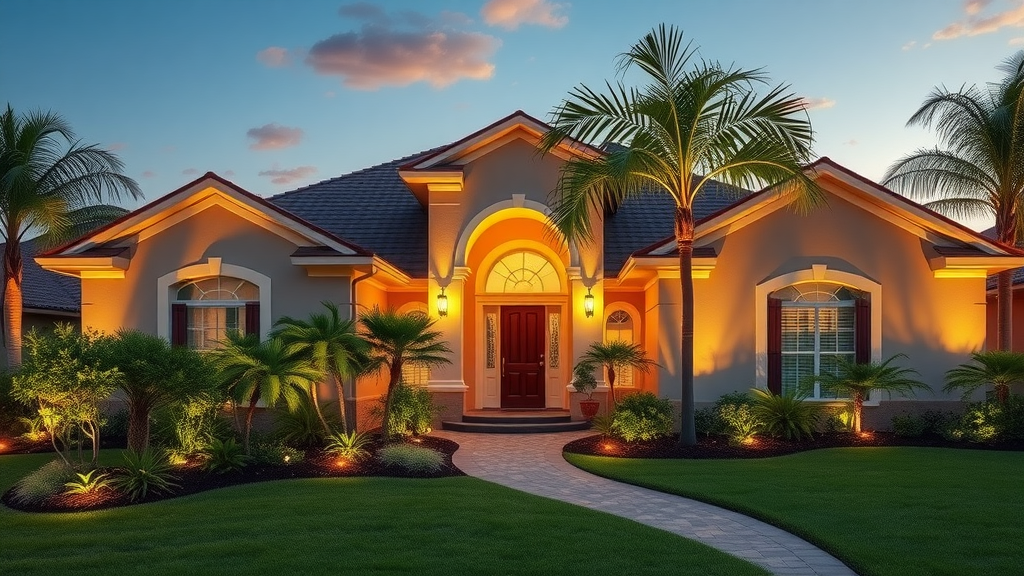 Serene Florida home with impressive landscape lighting, surrounded by tropical plants and clear skies.