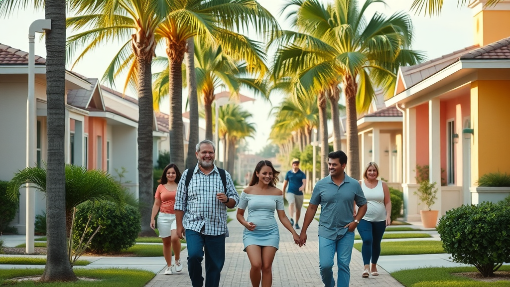 Florida towns with fiber internet and low rent: palm-lined suburban street, smiling residents and families enjoying a vibrant neighborhood, warm daylight