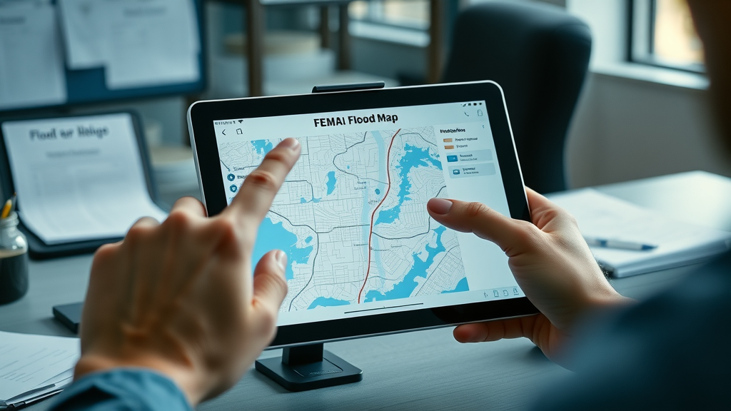 high-resolution FEMA flood map displayed on a digital tablet with user pointing and infographics visible, showing Florida flood zone designations