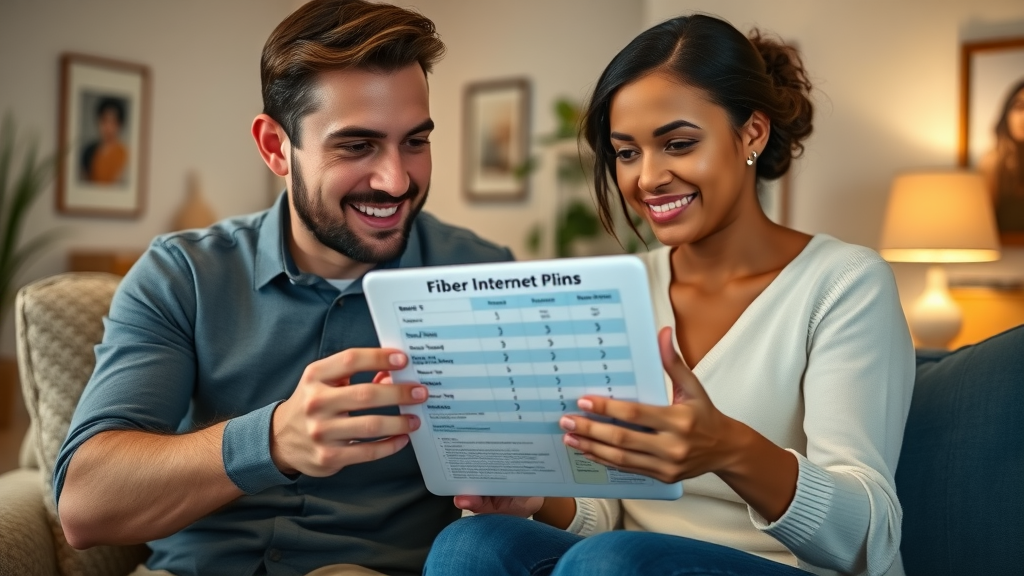 Young professional family reviewing internet plan options and comparing fiber internet plans in a cozy Florida home