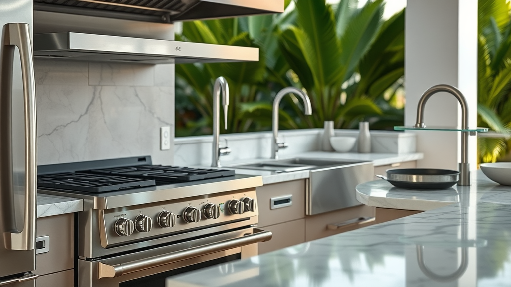 Close-up of Stainless Steel Appliances and Marble Countertops in an Outdoor Kitchen