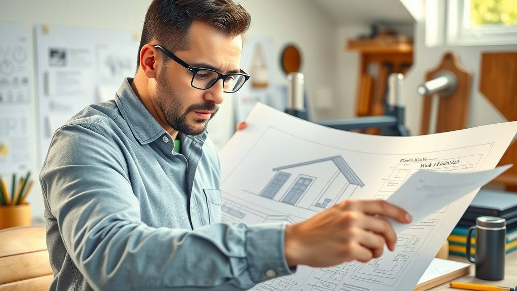 architectural blueprint of outdoor kitchen focused on architect reviewing plans