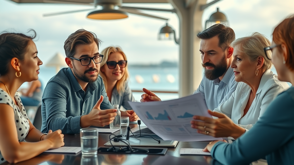 diverse group of people analyzing data, focused, discussing at a beachside cafe, Cinematic, background with ocean views and modern decor, highly detailed, animated gestures, natural light, shot with a portrait lens