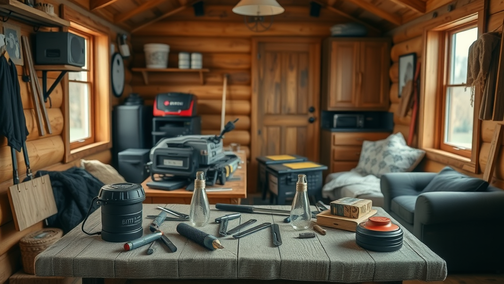 Table with off-grid equipment and tools, organized in a cabin
