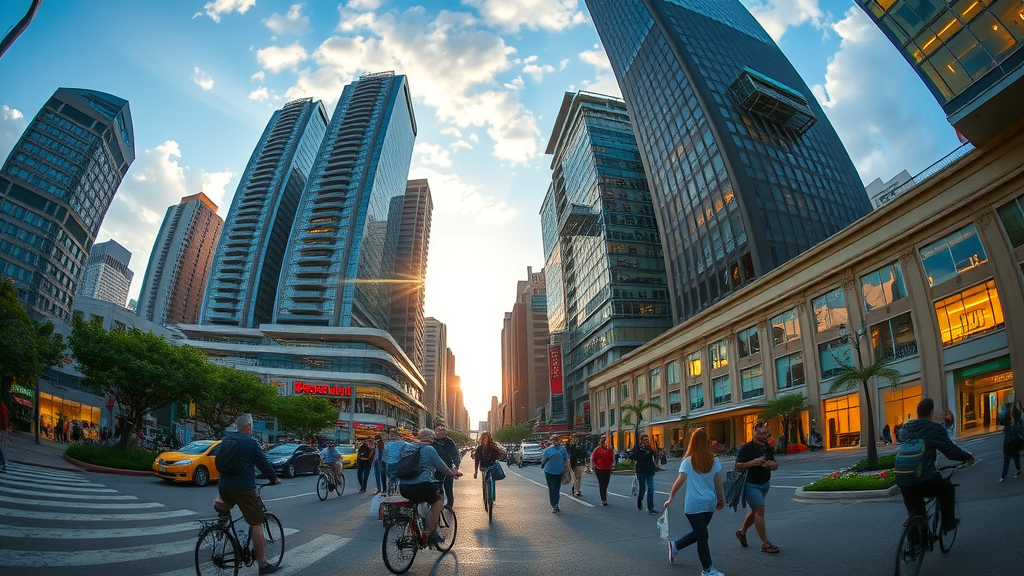Channel District urban landscape with people walking and biking in an urban setting