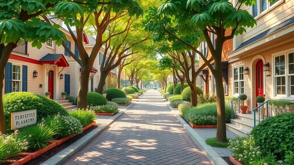 picturesque neighborhood street, vibrant, tree-lined pathway with cozy homes, 3D Cartoon, background with lush gardens and cobblestone sidewalk, highly detailed, lively and cheerful ambiance, bright colors, daylight, shot with a telephoto lens
