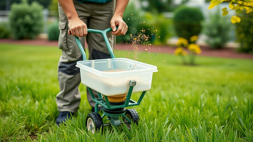 Gardener applying fertilizer to green lawn with spreader.