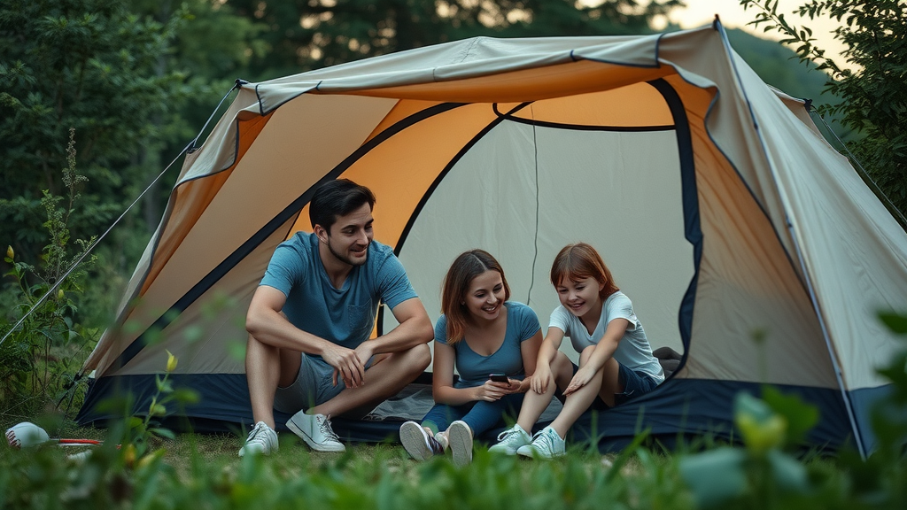 family camping trip, setting up a tent, enjoying nature