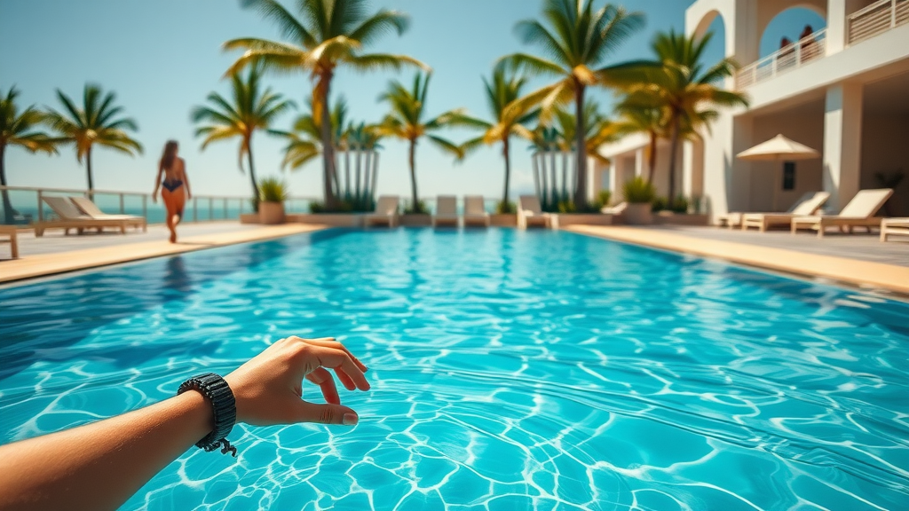 Luxurious poolside area in Florida with palm trees and rippling water, peaceful vibe under midday sunlight.
