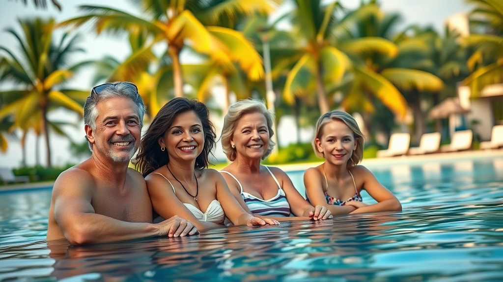 serene Florida resort, smiling family, relaxing by a poolside, tropical background with lush palm trees