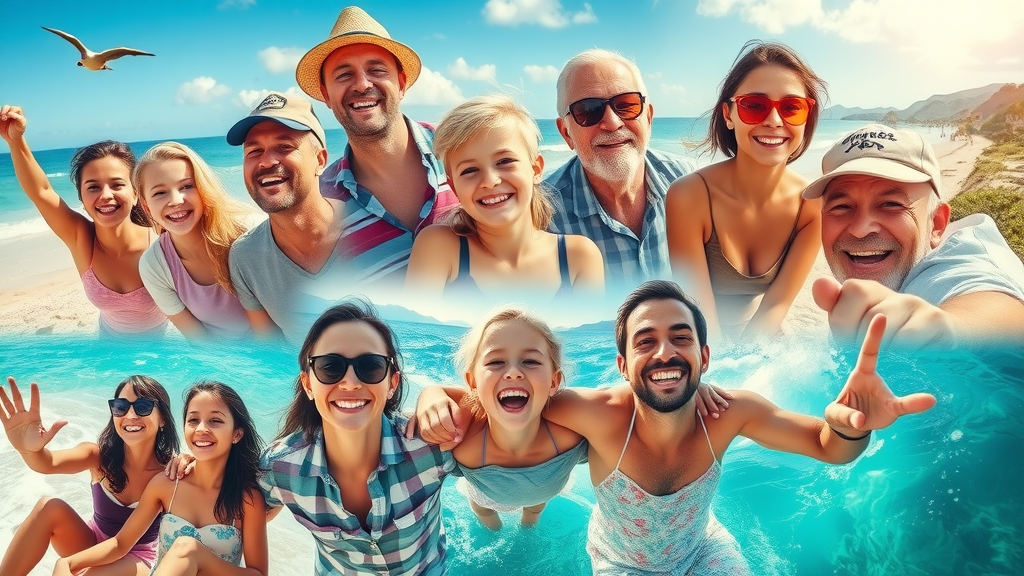 composite image of vacation highlights, families happy, experiencing various activities