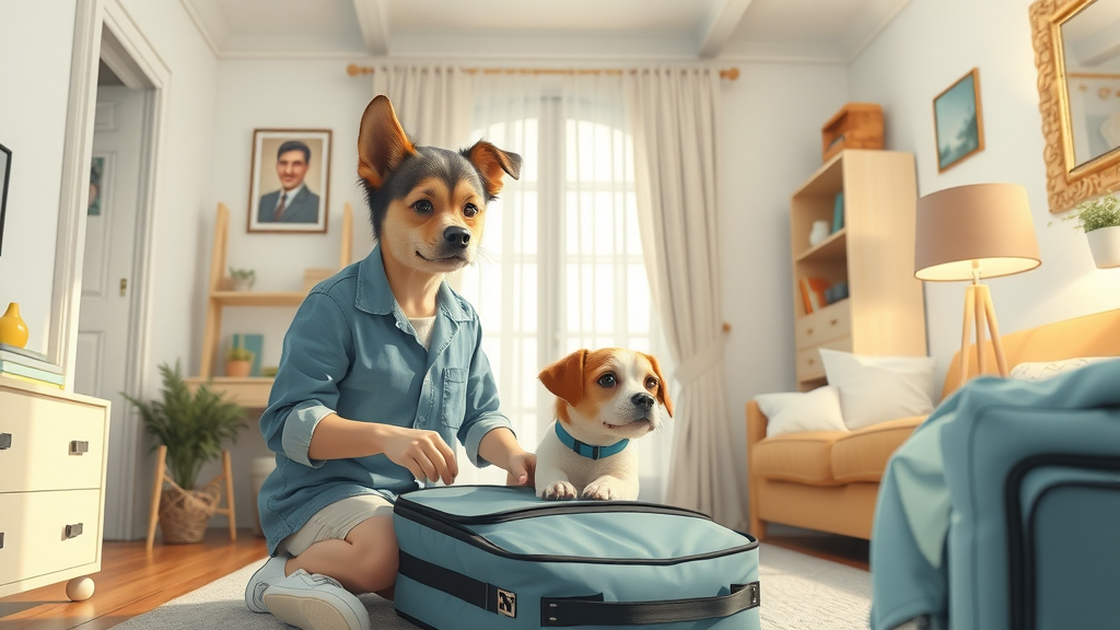 dog owner with dog, preparing travel bag, Anime style, a bright airy apartment, highly detailed