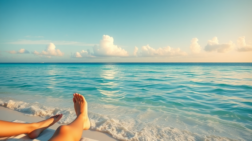 Marco Island beach vista, peaceful, lounging on the shore, clear turquoise waters with calm waves, highly detailed, soft sand texture, tropical accents, golden hour lighting, shot with a zoom lens.