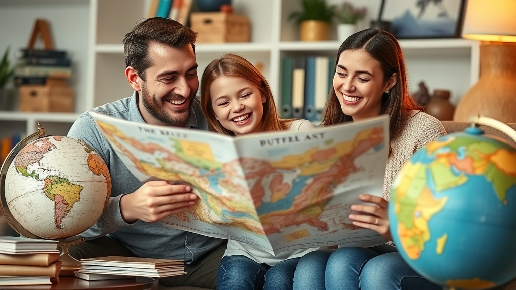 happy family planning a getaway looking at a map