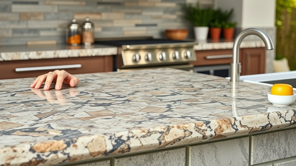 selection of outdoor kitchen materials, showcasing textures, comparing durability, Photorealistic High Fidelity Lifelike, natural countertop with variety of stones and metals, highly detailed, neutral colors, soft daylight lighting, shot with a 85mm lens