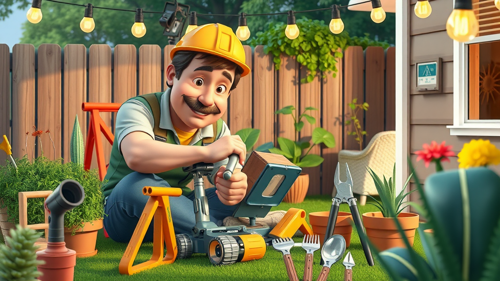 Various DIY outdoor lighting tools with a homeowner engaged in a project.