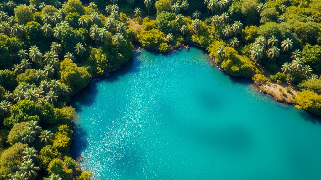 breathtaking aerial view of a crystal-clear Florida spring surrounded by lush greenery, natural spring in Florida, pristine blue-green water, dense subtropical forest with native palms and live oaks, sunlight reflecting off the water