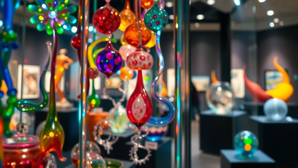 glass art display with vibrant colors, mesmerizing, showcasing exhibits, museum interior, artistic elements with reflections and light