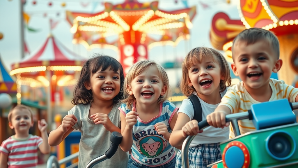 vibrant theme park scene, children laughing, exploring rides