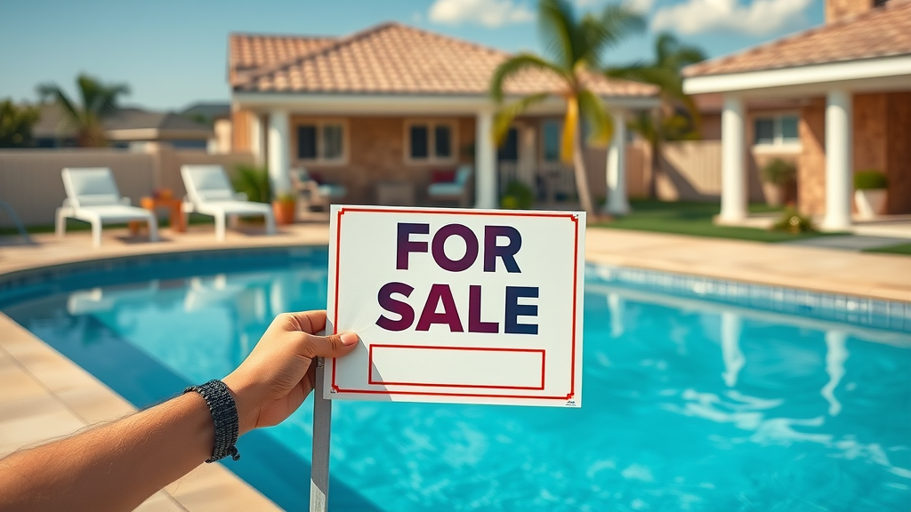 poolside setup with a for sale sign