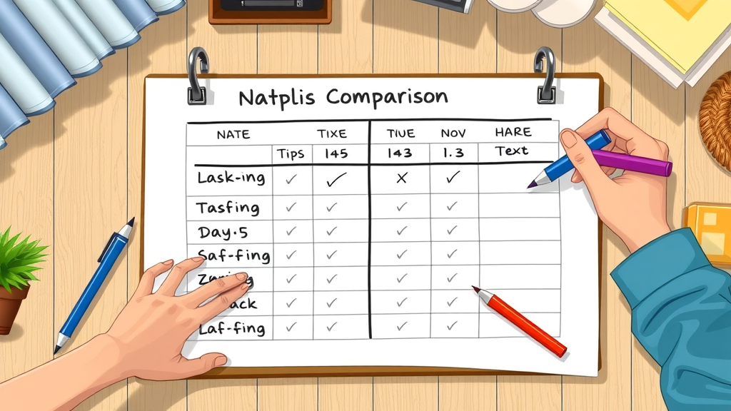 Naples residential comparison table, informative, comparing different facilities, 2D Cartoon, layout on a notepad with markers and notes, highly detailed, animated lines, vibrant, indoor lighting, shot with a bird’s-eye view lens.
