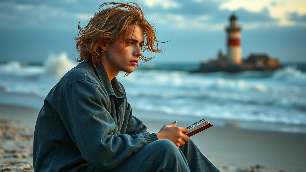 thoughtful individual on the beach, contemplative, sitting with a notebook, High Fantasy, background with crashing waves and distant lighthouse, highly detailed, dynamic wind-swept hair, soft blue tones, evening light, shot with a macro lens