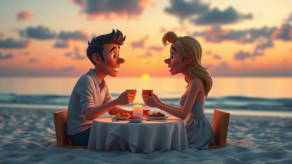 Romantic sunset dinner on a Florida beach with golden hour lighting