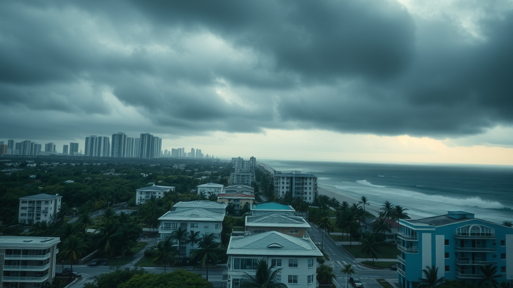 stormy Miami Beach landscape with homes and insurance documents