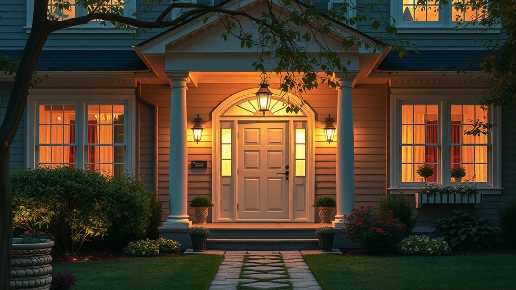 Inviting house entrance with perfectly placed lights creating a warm welcome.