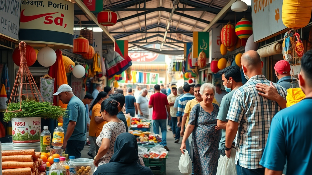 busy market scene with diverse stalls, lively, vendors and shoppers