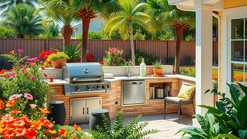 Sunny Florida Backyard with a Compact Outdoor Kitchen Setup and Lush Garden in Background