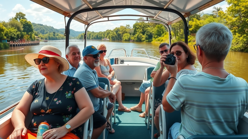 People enjoying a scenic boat tour with vibrant surroundings